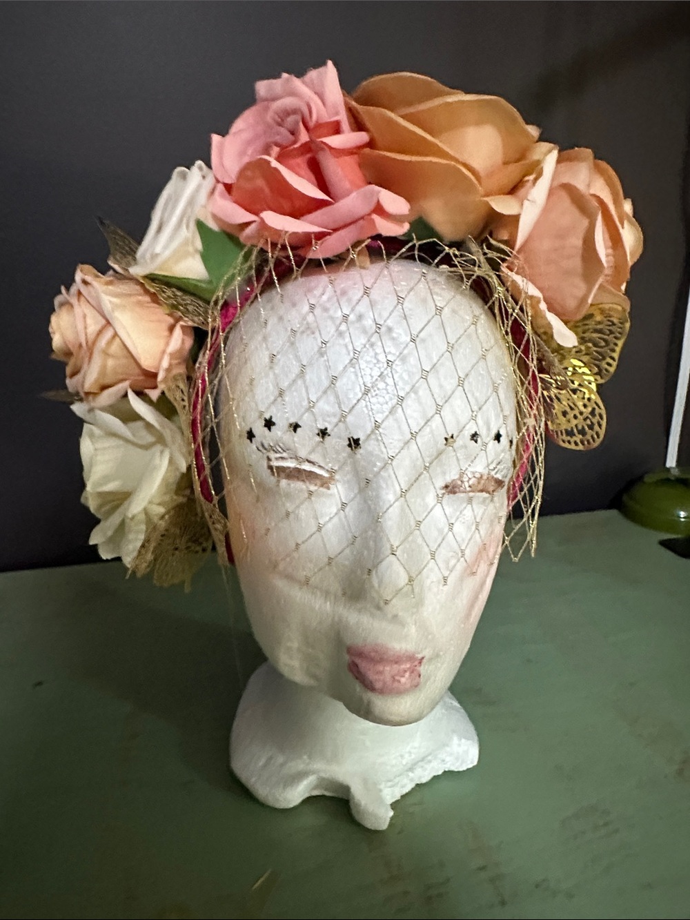 Floral Butterfly Headband/fascinator with Veil - Pink, Peach, Ivory. never worn!